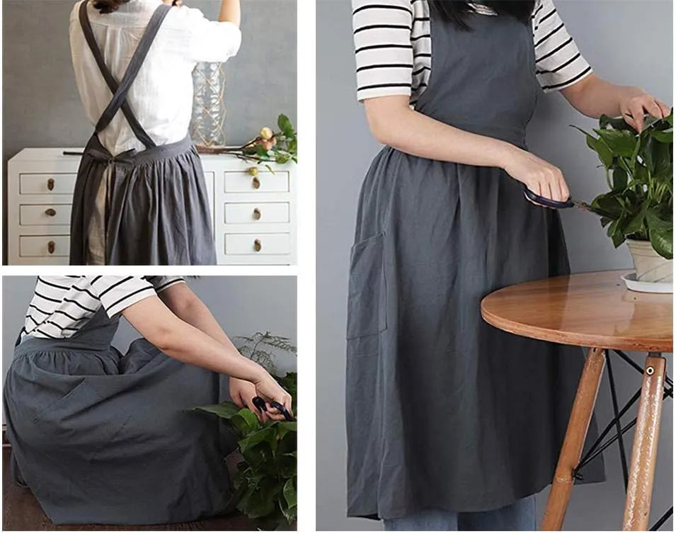 Women Girls Vintage Apron Gardening Works Cross Back Pinafore Dress