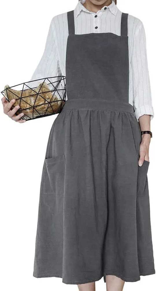 Women Girls Vintage Apron Gardening Works Cross Back Pinafore Dress