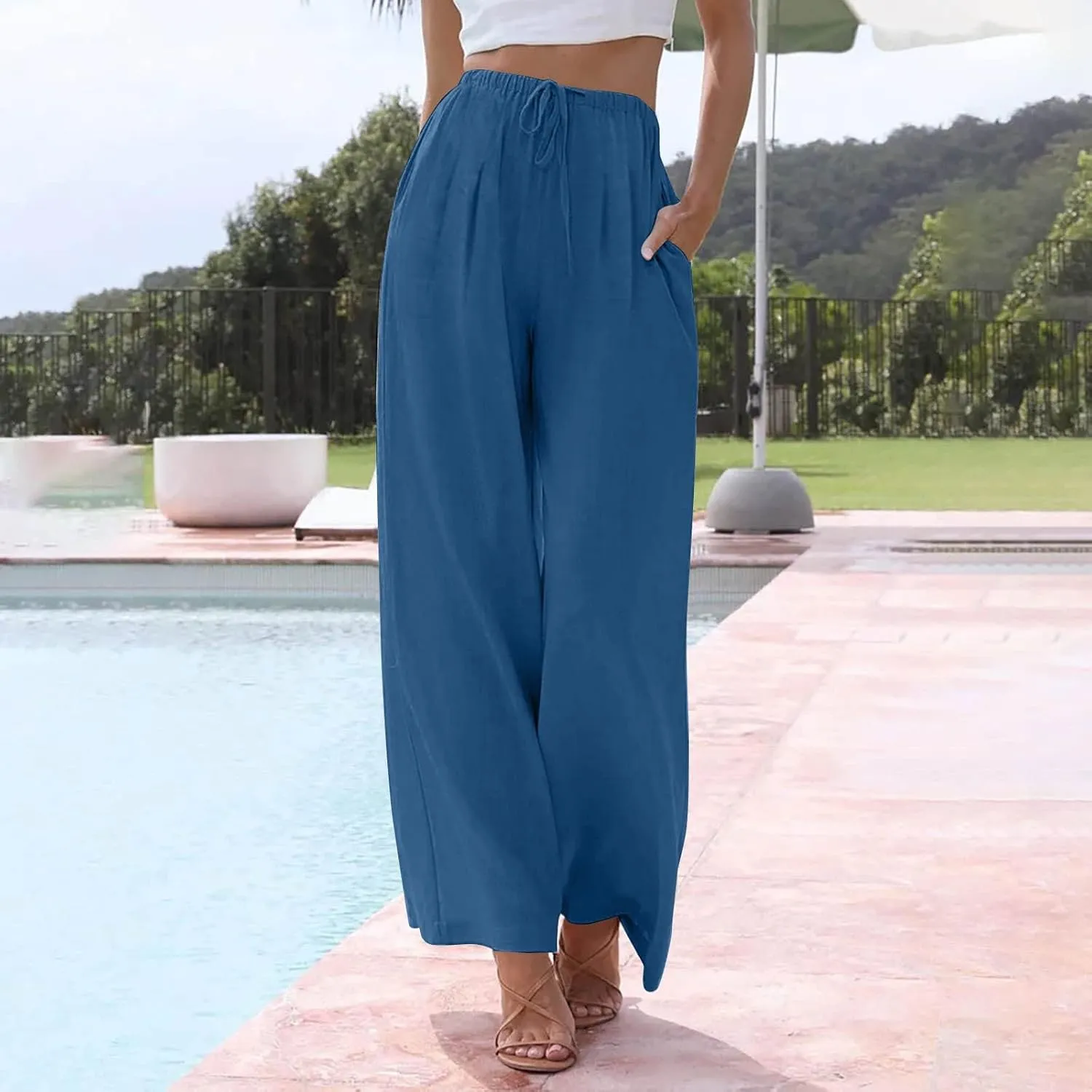Women Pants Plus Size Straight Leg Fit Pants Dressy Summer Drawstring High Waisted Trousers with Pockets