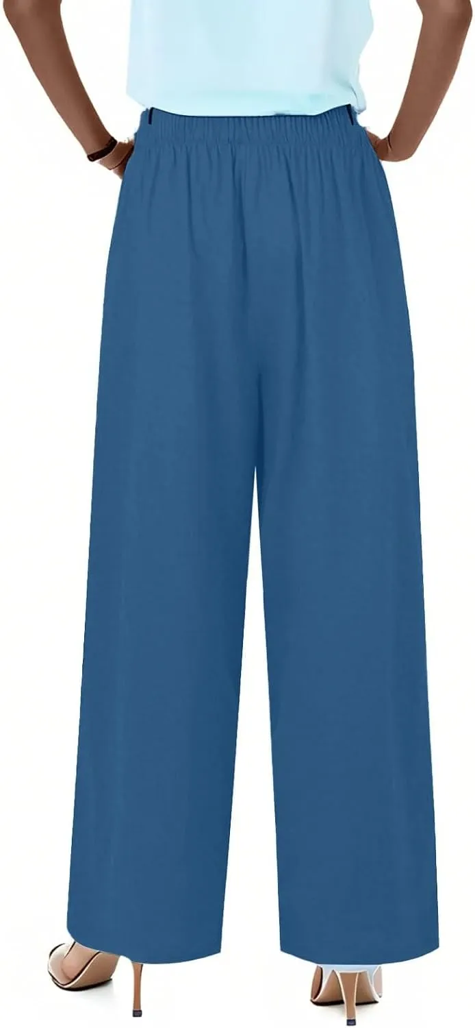 Women Pants Plus Size Straight Leg Fit Pants Dressy Summer Drawstring High Waisted Trousers with Pockets
