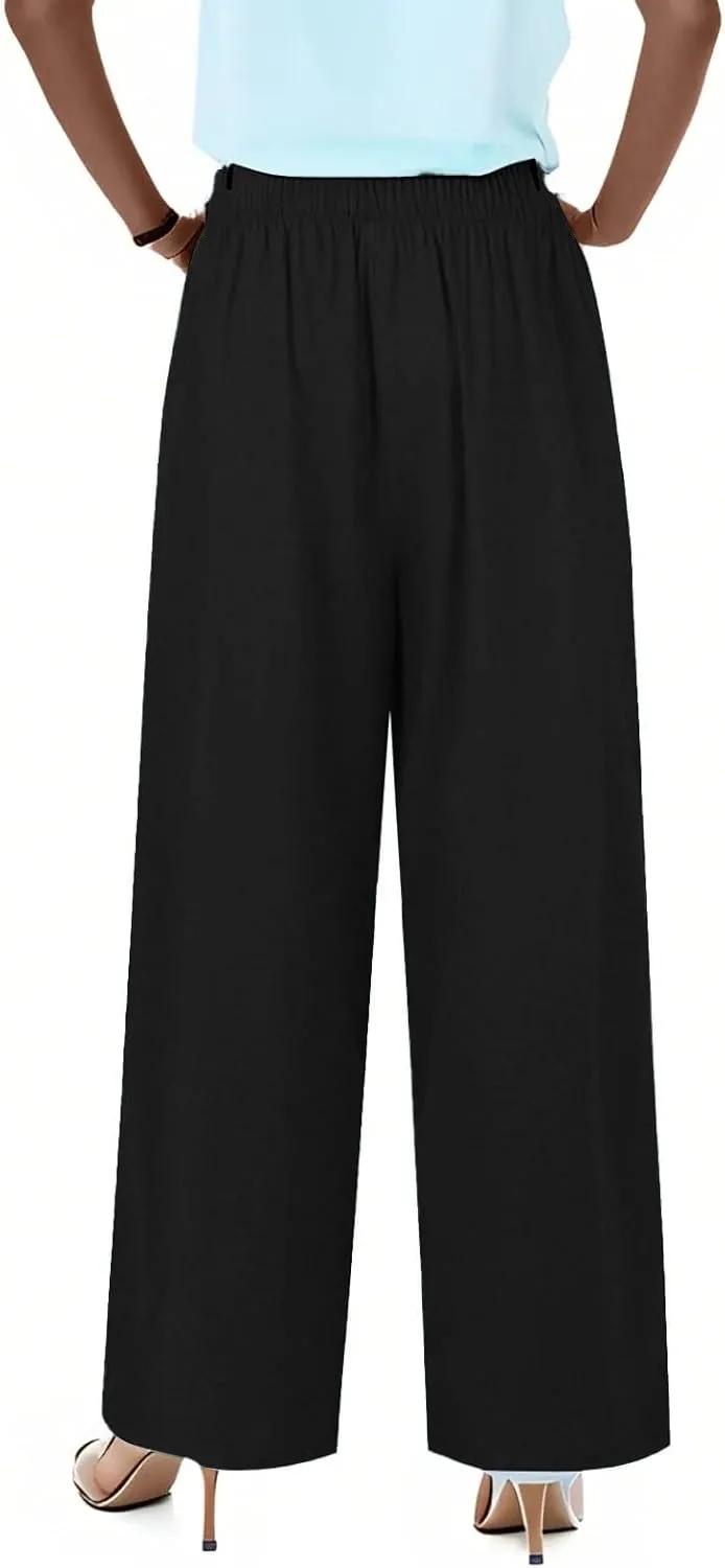 Women Pants Plus Size Straight Leg Fit Pants Dressy Summer Drawstring High Waisted Trousers with Pockets