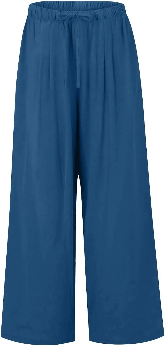 Women Pants Plus Size Straight Leg Fit Pants Dressy Summer Drawstring High Waisted Trousers with Pockets