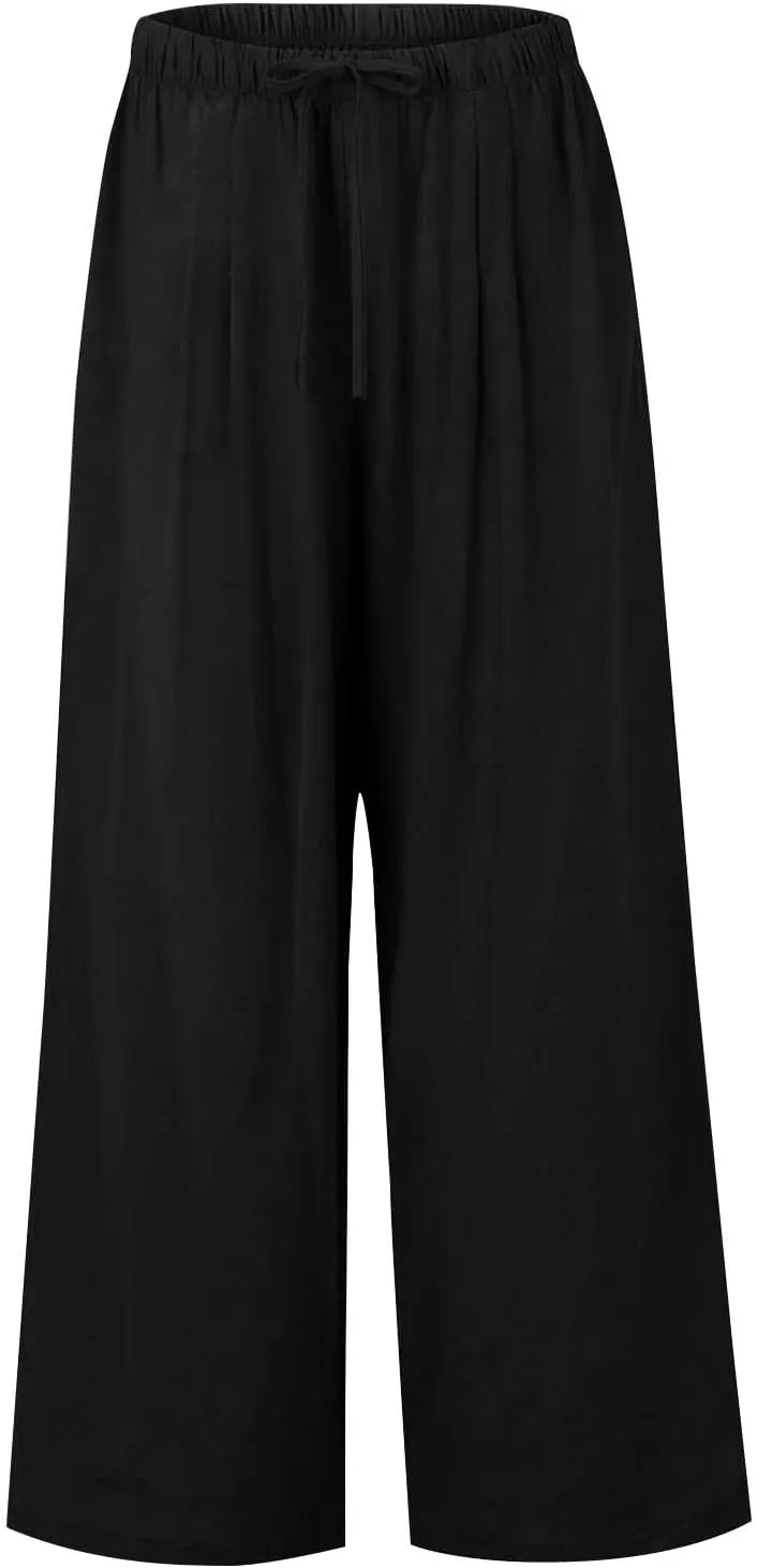 Women Pants Plus Size Straight Leg Fit Pants Dressy Summer Drawstring High Waisted Trousers with Pockets