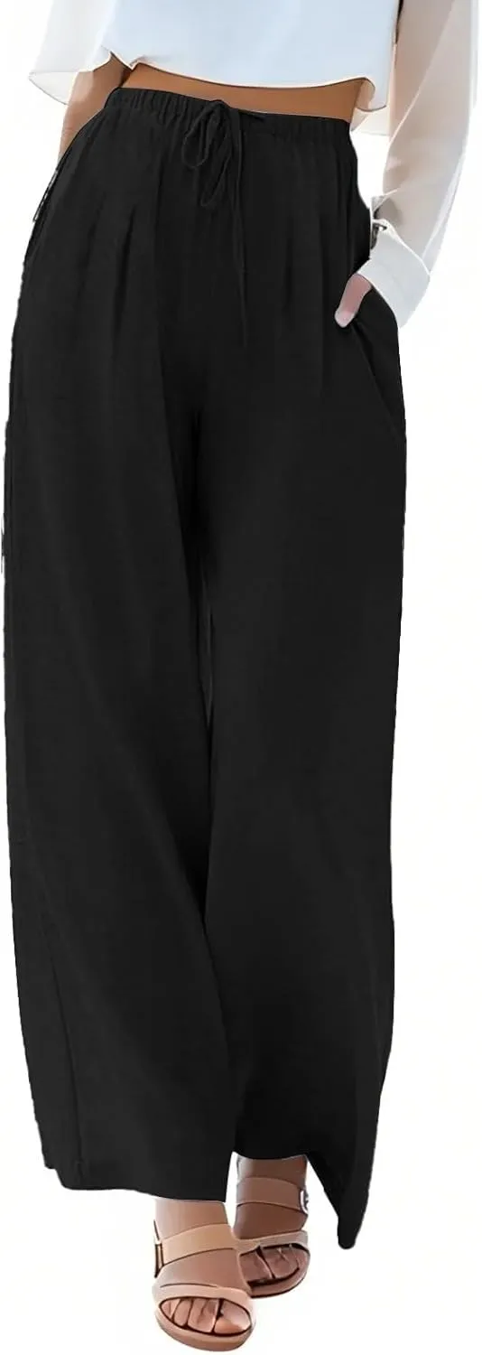 Women Pants Plus Size Straight Leg Fit Pants Dressy Summer Drawstring High Waisted Trousers with Pockets