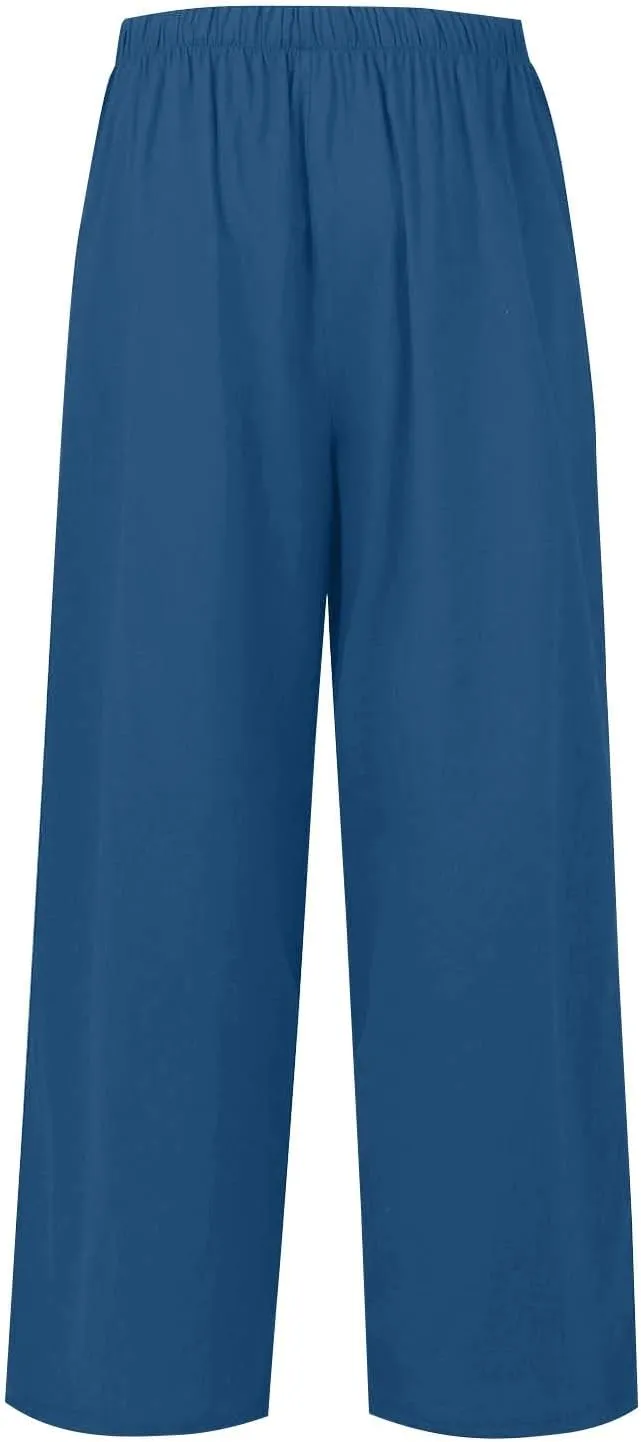 Women Pants Plus Size Straight Leg Fit Pants Dressy Summer Drawstring High Waisted Trousers with Pockets