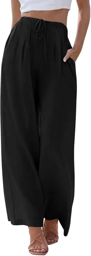 Women Pants Plus Size Straight Leg Fit Pants Dressy Summer Drawstring High Waisted Trousers with Pockets