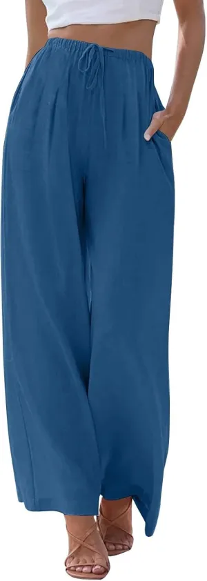 Women Pants Plus Size Straight Leg Fit Pants Dressy Summer Drawstring High Waisted Trousers with Pockets