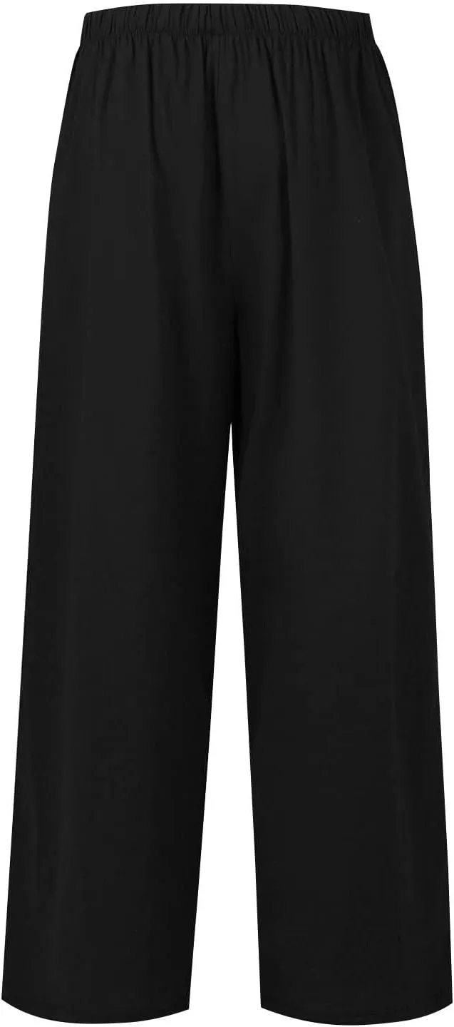 Women Pants Plus Size Straight Leg Fit Pants Dressy Summer Drawstring High Waisted Trousers with Pockets