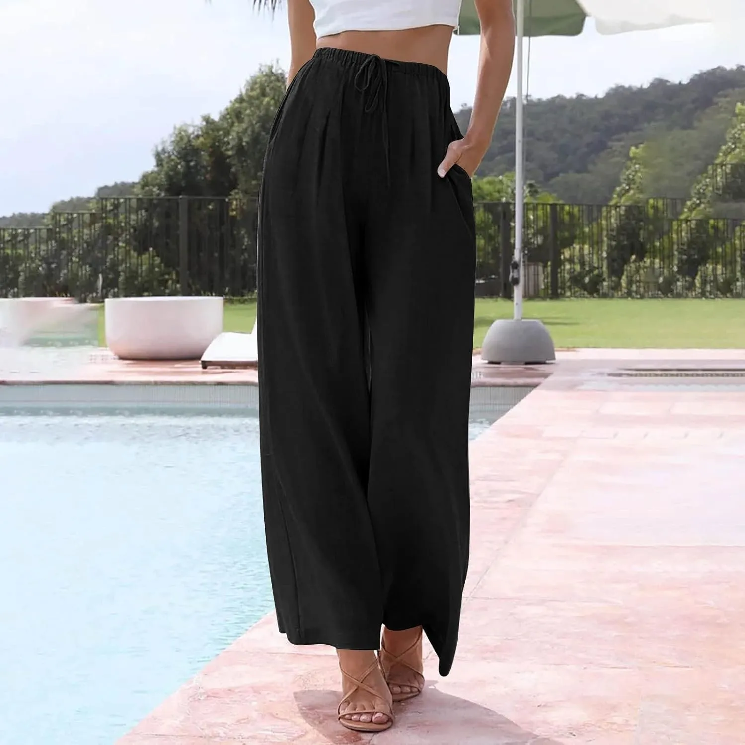 Women Pants Plus Size Straight Leg Fit Pants Dressy Summer Drawstring High Waisted Trousers with Pockets