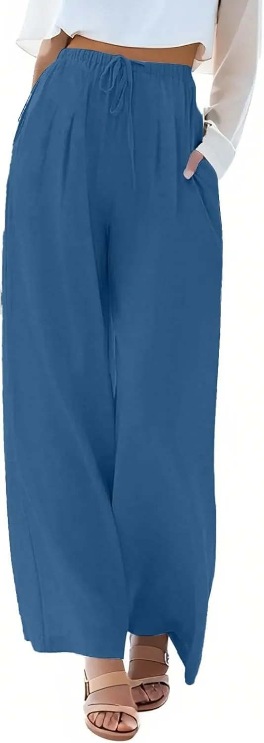 Women Pants Plus Size Straight Leg Fit Pants Dressy Summer Drawstring High Waisted Trousers with Pockets