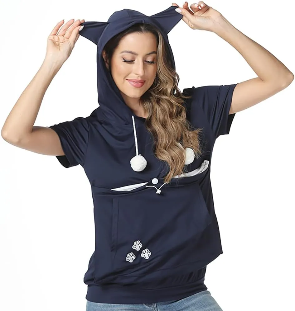 Women Pet Pouch Shirt Kitten Puppy Holding Top Short Sleeve Kangaroo Thin Hoodies