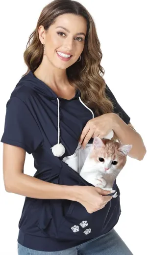 Women Pet Pouch Shirt Kitten Puppy Holding Top Short Sleeve Kangaroo Thin Hoodies