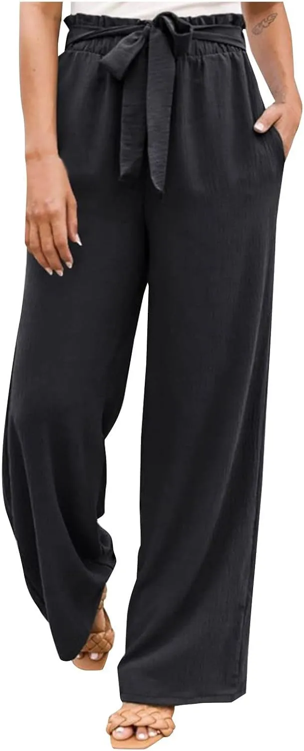 Women Summer High Waisted Cotton Linen Palazzo Pants Wide Leg Long Boho Lounge Work Pant Trouser with Pockets