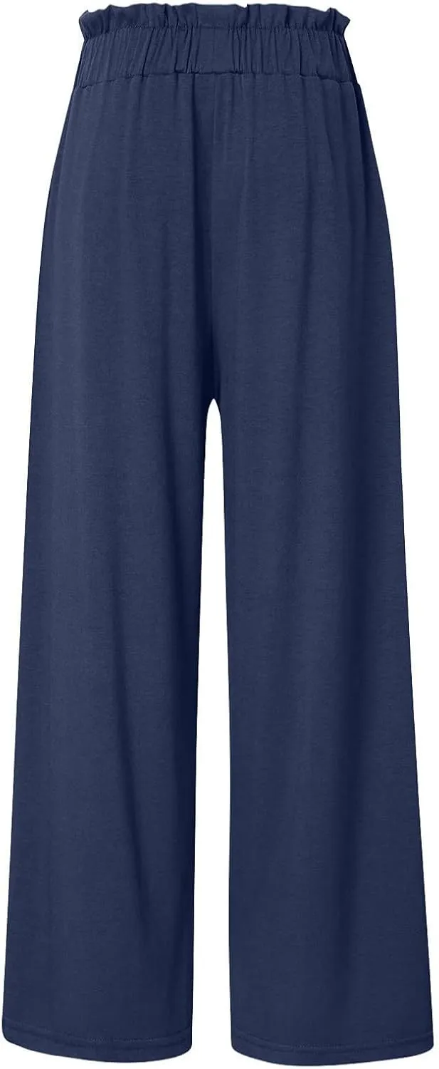 Women Summer High Waisted Cotton Linen Palazzo Pants Wide Leg Long Boho Lounge Work Pant Trouser with Pockets