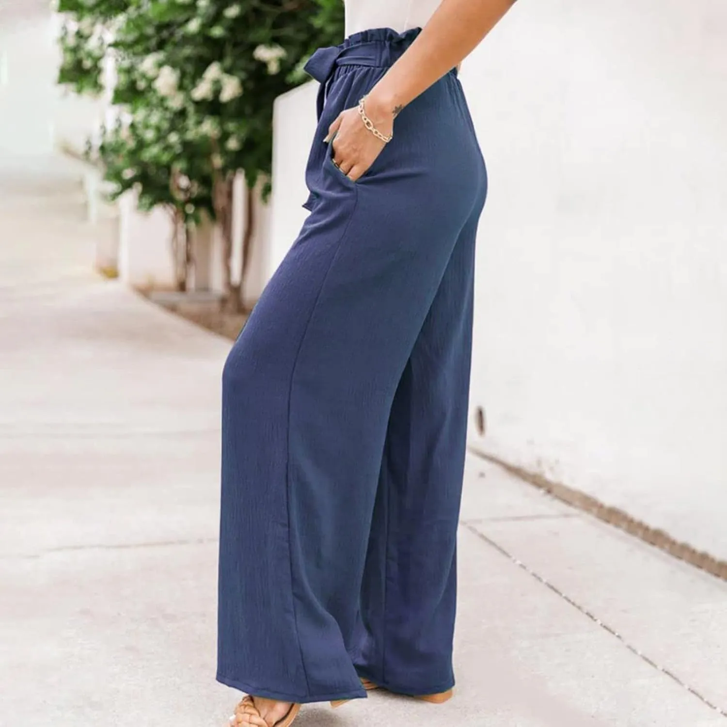 Women Summer High Waisted Cotton Linen Palazzo Pants Wide Leg Long Boho Lounge Work Pant Trouser with Pockets