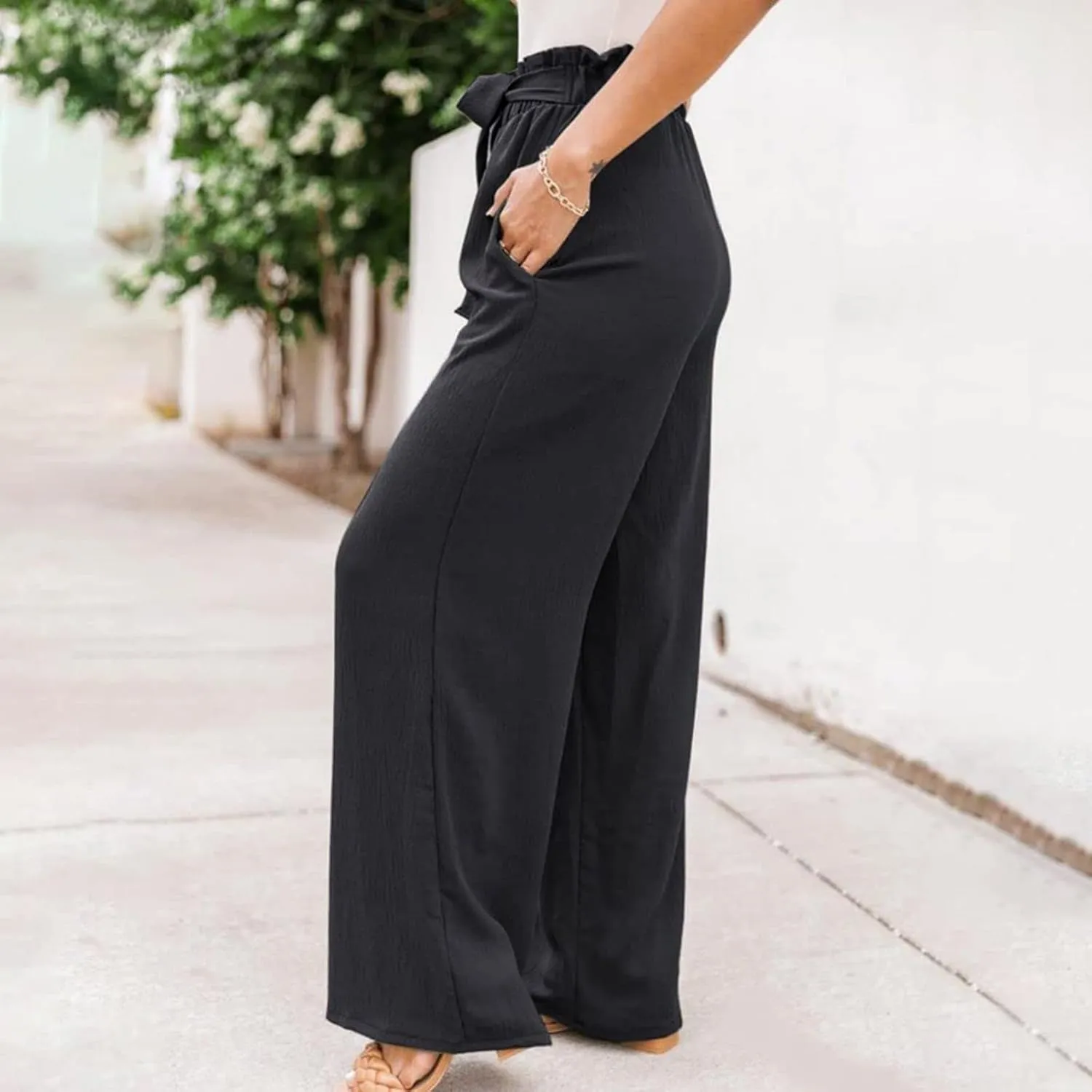 Women Summer High Waisted Cotton Linen Palazzo Pants Wide Leg Long Boho Lounge Work Pant Trouser with Pockets