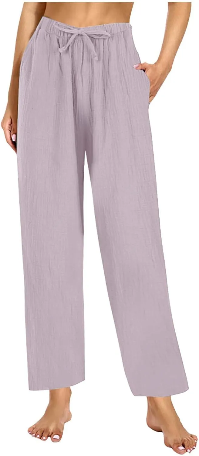 Women Summer High Waisted Cotton Linen Palazzo Pants Wide Leg Long Boho Lounge Work Pant Trouser with Pockets