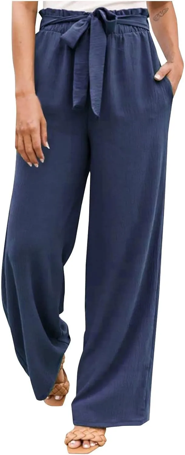 Women Summer High Waisted Cotton Linen Palazzo Pants Wide Leg Long Boho Lounge Work Pant Trouser with Pockets
