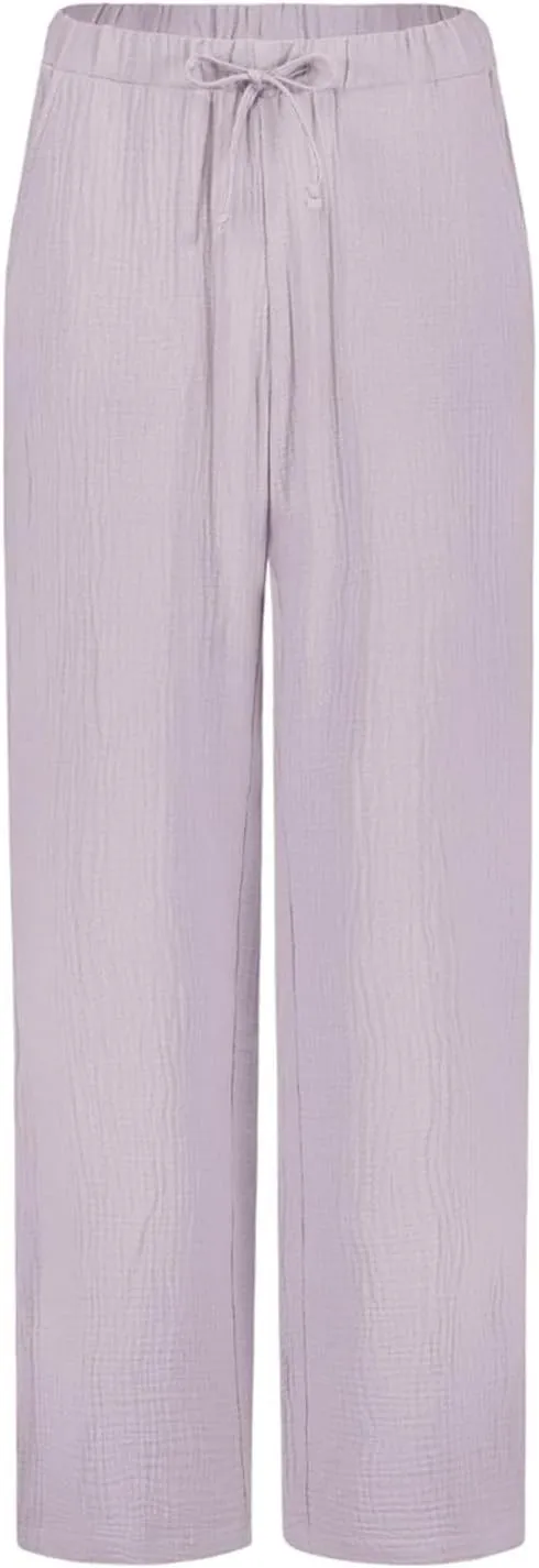 Women Summer High Waisted Cotton Linen Palazzo Pants Wide Leg Long Boho Lounge Work Pant Trouser with Pockets