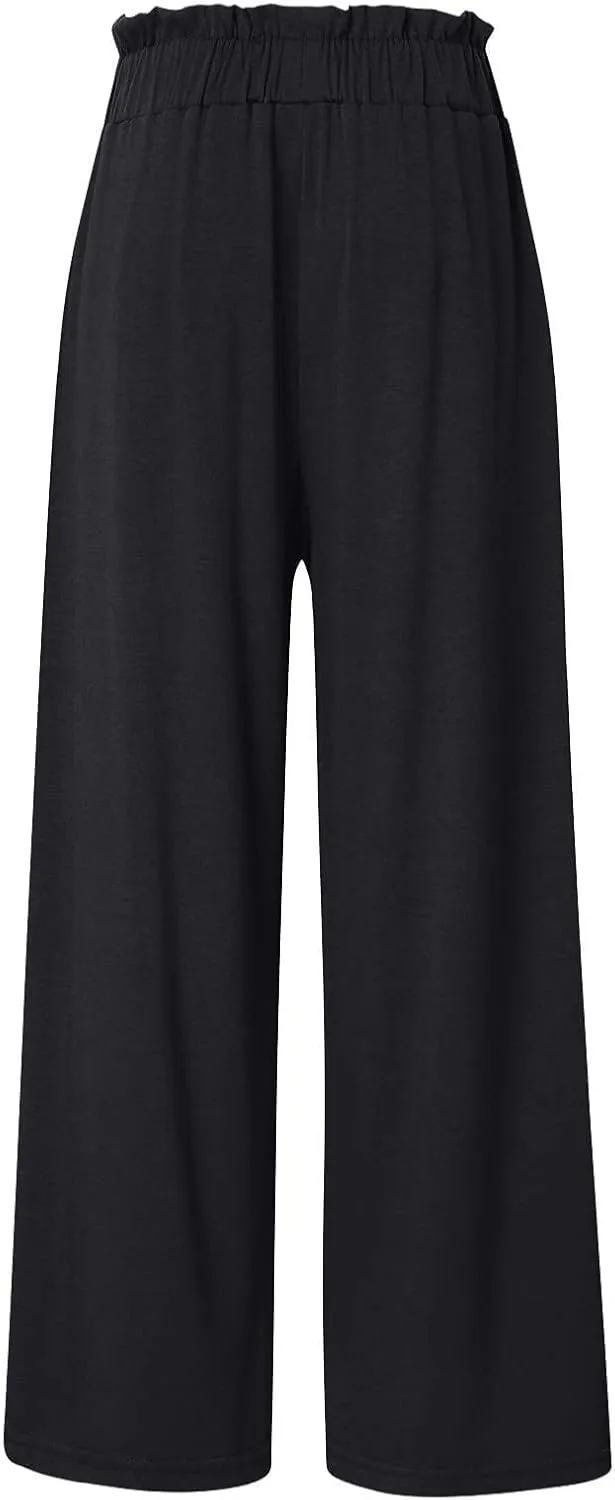 Women Summer High Waisted Cotton Linen Palazzo Pants Wide Leg Long Boho Lounge Work Pant Trouser with Pockets