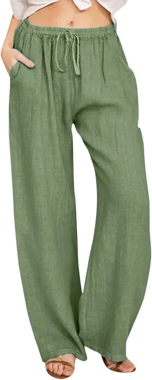 Women Wide Leg Linen Pants Summer Casual High Waist Palazzo Pant Loose Fit Ruched Trouser with Pocket