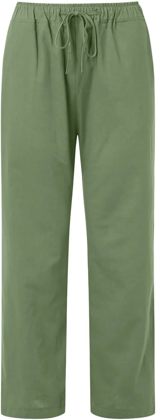 Women Wide Leg Linen Pants Summer Casual High Waist Palazzo Pant Loose Fit Ruched Trouser with Pocket