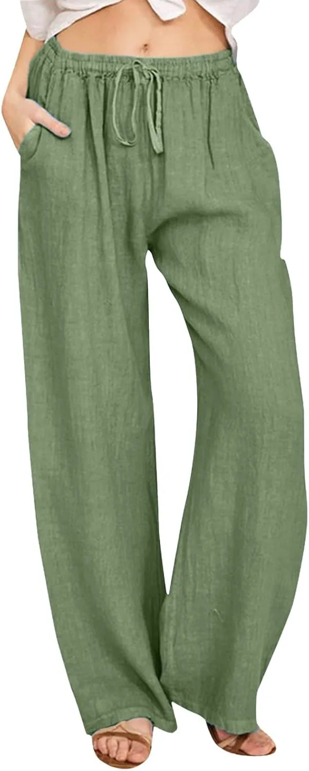 Women Wide Leg Linen Pants Summer Casual High Waist Palazzo Pant Loose Fit Ruched Trouser with Pocket