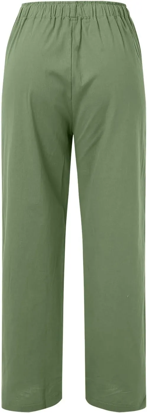Women Wide Leg Linen Pants Summer Casual High Waist Palazzo Pant Loose Fit Ruched Trouser with Pocket