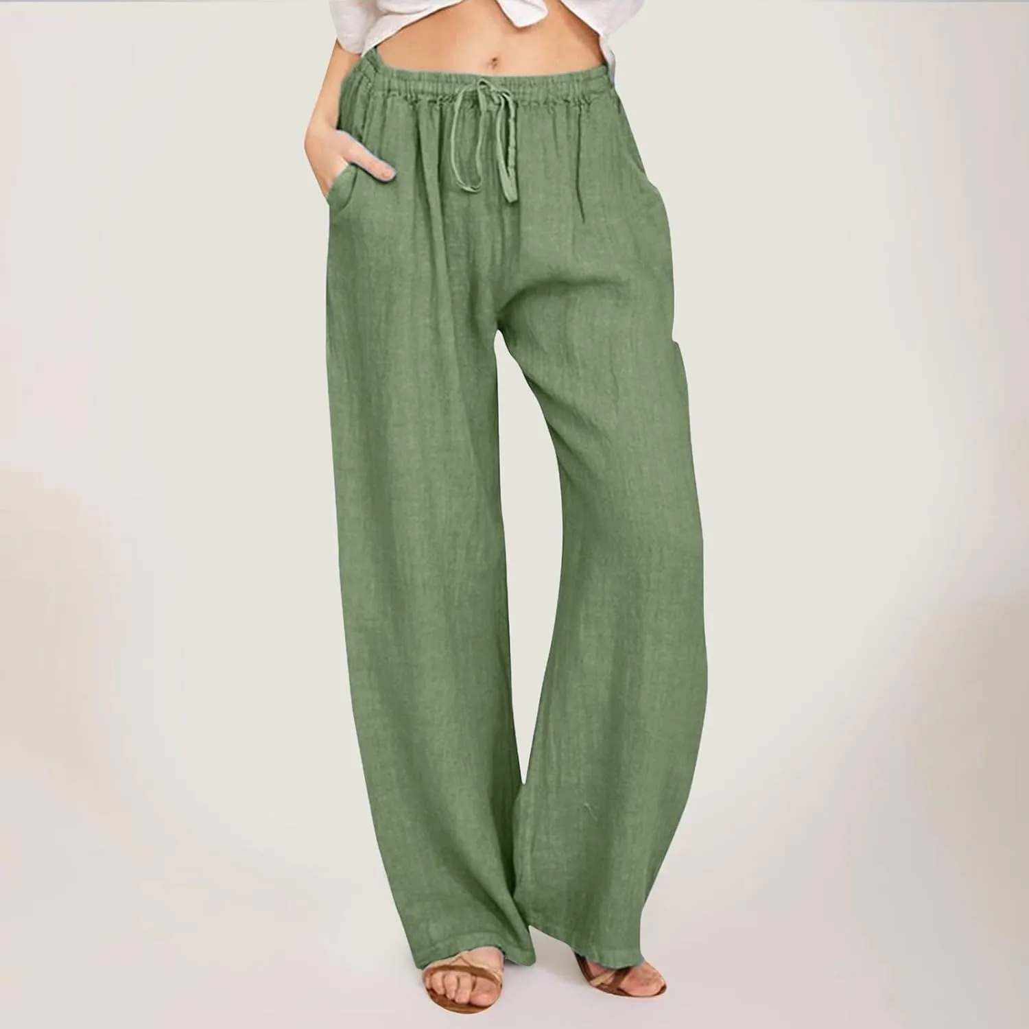 Women Wide Leg Linen Pants Summer Casual High Waist Palazzo Pant Loose Fit Ruched Trouser with Pocket