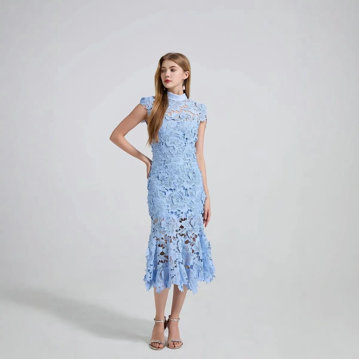 Women's 3D Flower Hollowed-Out Lace Flared Slim-Fit Bodycon Dress