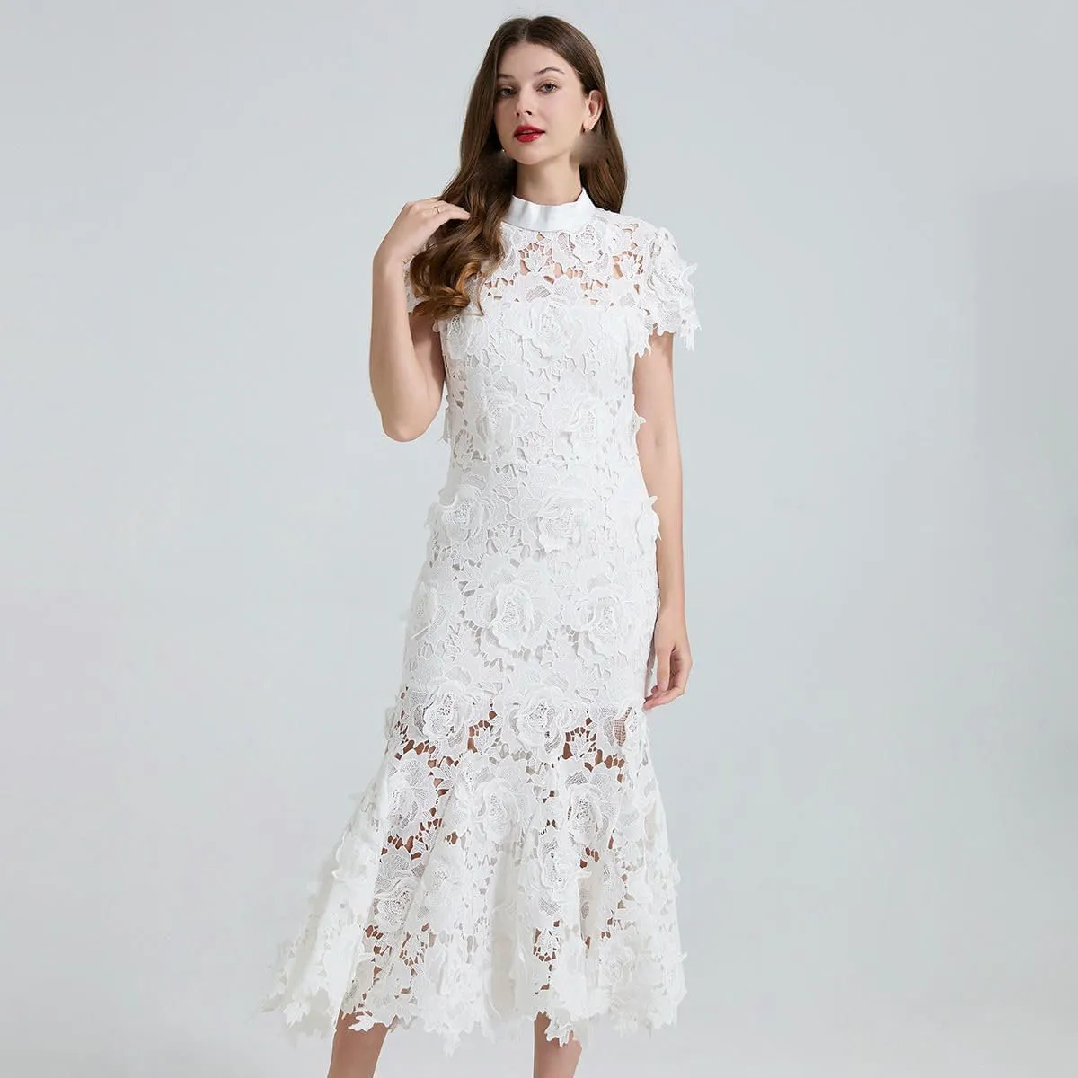Women's 3D Flower Hollowed-Out Lace Flared Slim-Fit Bodycon Dress