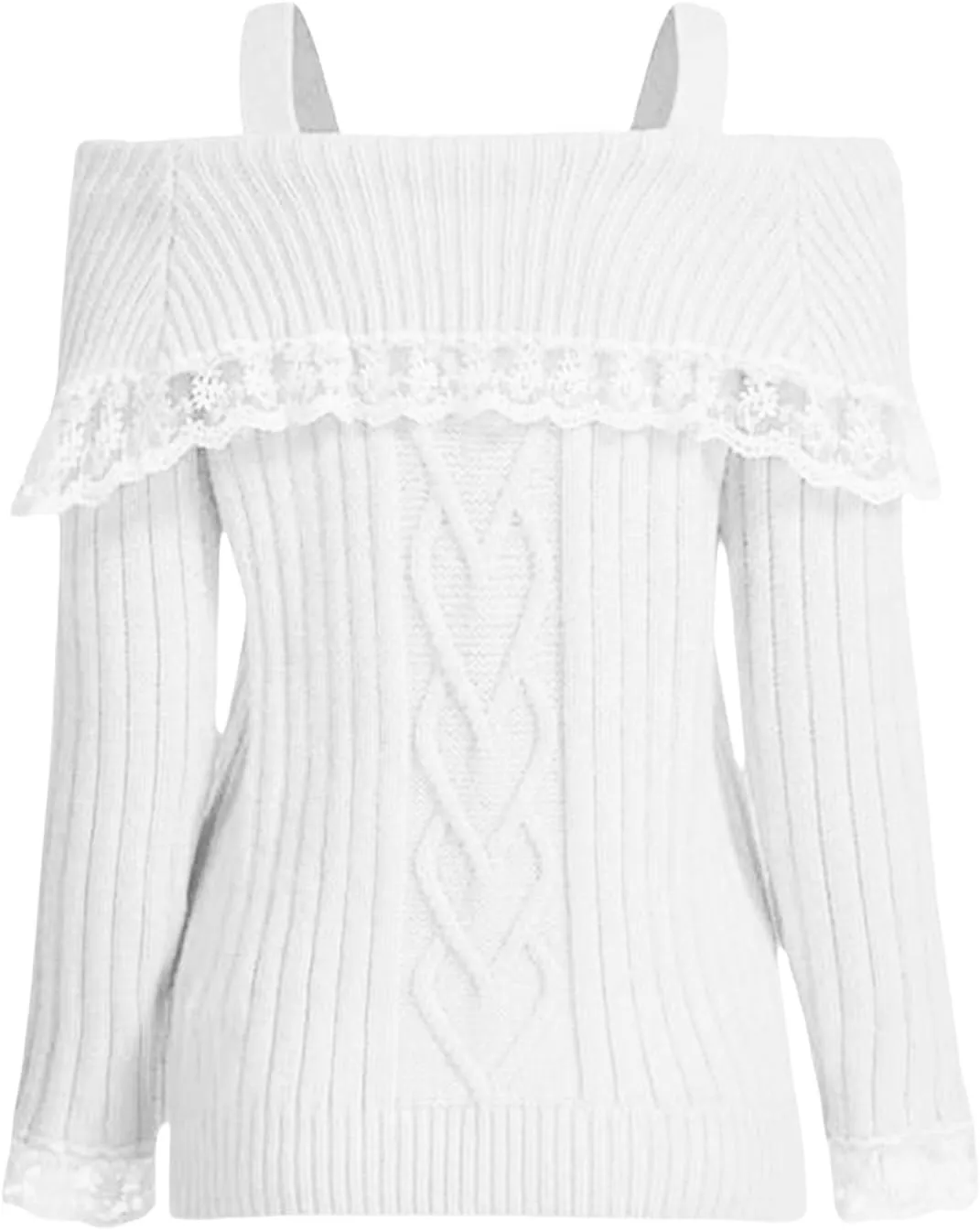 Women's Cute Off Shoulder Sweater Y2K Lace Trim Cross Tie-Up Stretchy Long Sleeve Cable Knit Pullovers Streetwear