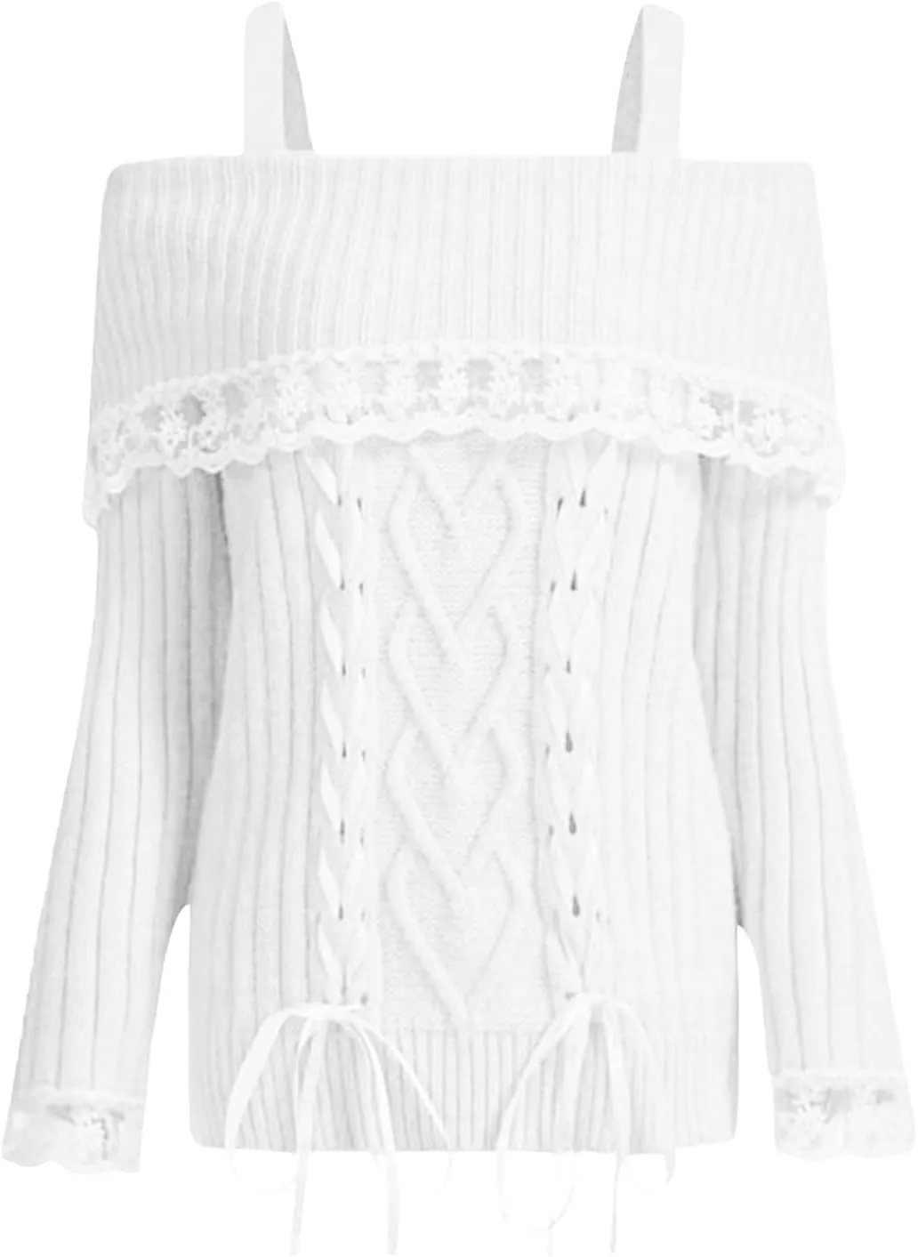 Women's Cute Off Shoulder Sweater Y2K Lace Trim Cross Tie-Up Stretchy Long Sleeve Cable Knit Pullovers Streetwear