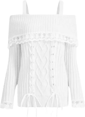 Women's Cute Off Shoulder Sweater Y2K Lace Trim Cross Tie-Up Stretchy Long Sleeve Cable Knit Pullovers Streetwear