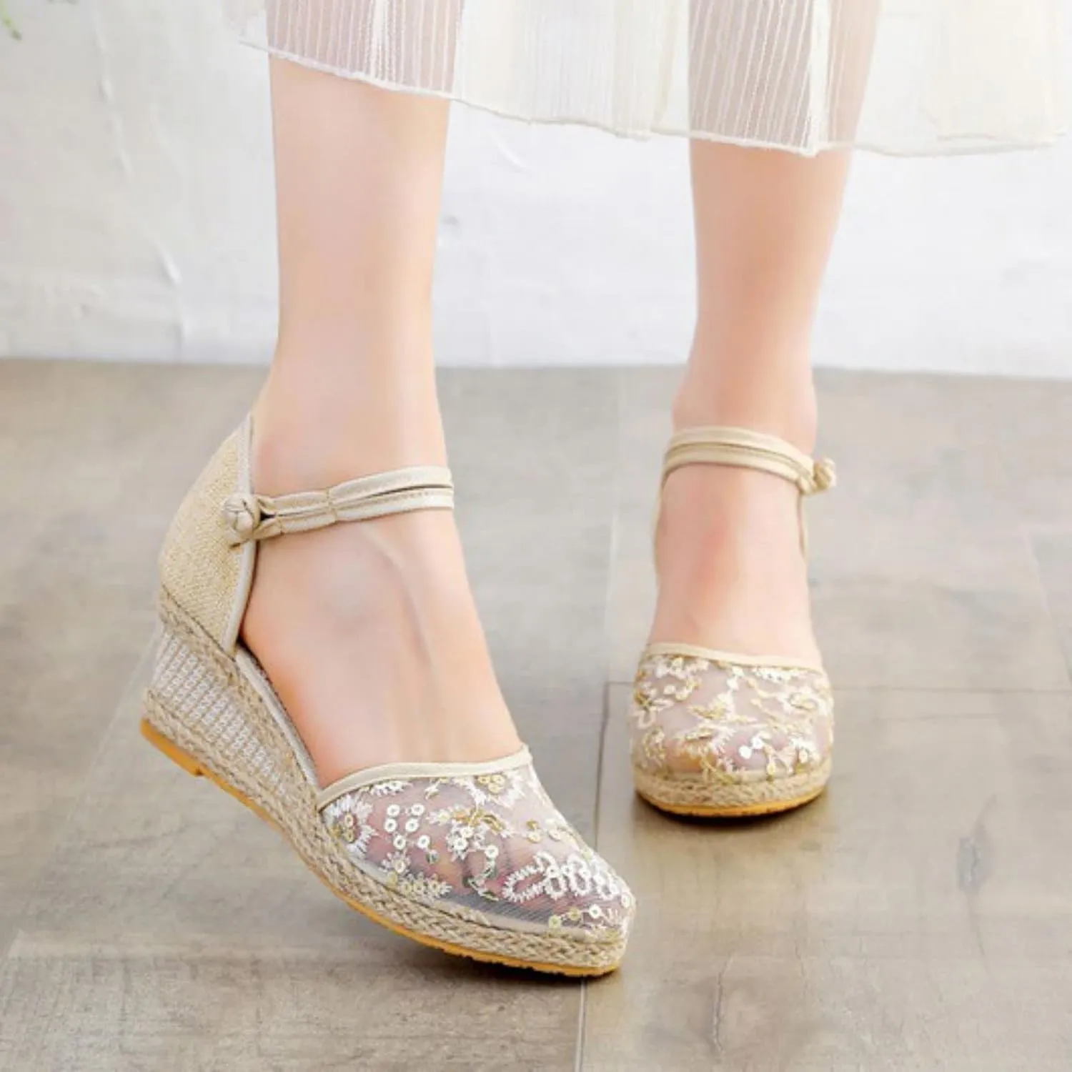 Womens Espadrilles Closed Toe Ankle Strap Platform Wedge Sandals, Summer Breathable Comfy Embroidered Sandals Ankle-Tie Strap Classic Espadrilles Fashion Comfortable Dress Shoes