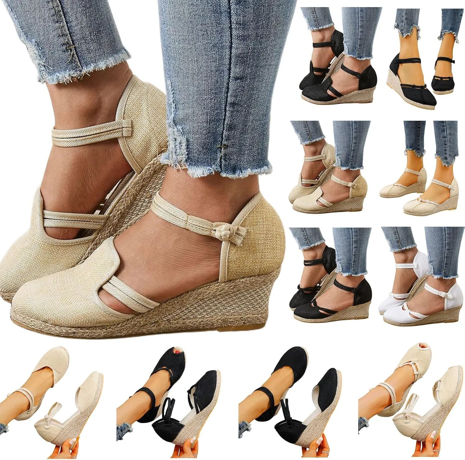 Womens Espadrilles Closed Toe Ankle Strap Platform Wedge Sandals, Summer Breathable Comfy Embroidered Sandals Ankle-Tie Strap Classic Espadrilles Fashion Comfortable Dress Shoes