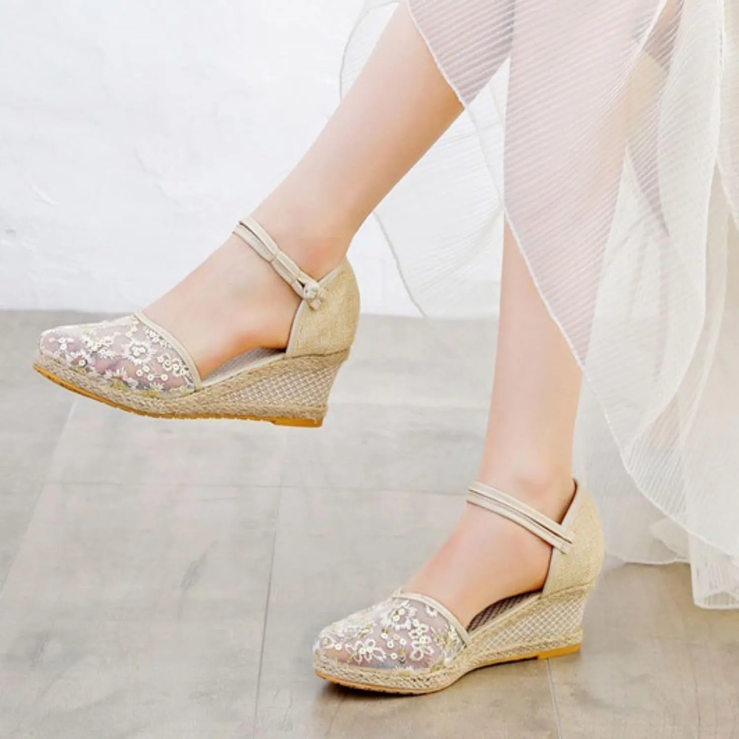 Womens Espadrilles Closed Toe Ankle Strap Platform Wedge Sandals, Summer Breathable Comfy Embroidered Sandals Ankle-Tie Strap Classic Espadrilles Fashion Comfortable Dress Shoes