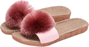 Women's Linen Non-slip Slides Slippers Fluffy Pompom Cozy Sandals Open Toe Indoor Outdoor Flat Slippers 2025