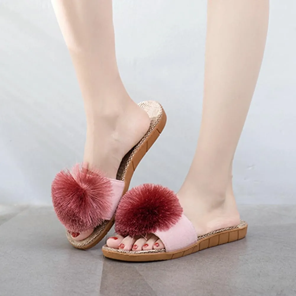 Women's Linen Non-slip Slides Slippers Fluffy Pompom Cozy Sandals Open Toe Indoor Outdoor Flat Slippers 2025