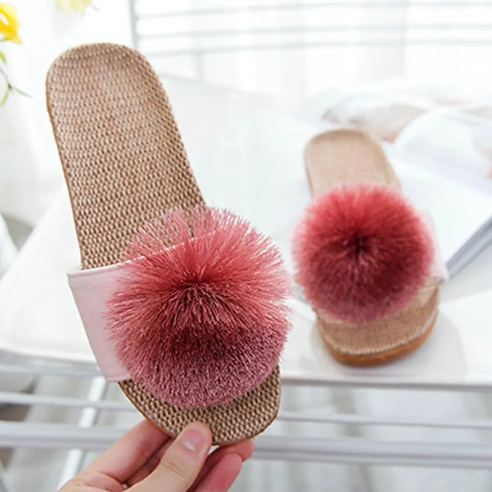 Women's Linen Non-slip Slides Slippers Fluffy Pompom Cozy Sandals Open Toe Indoor Outdoor Flat Slippers 2025