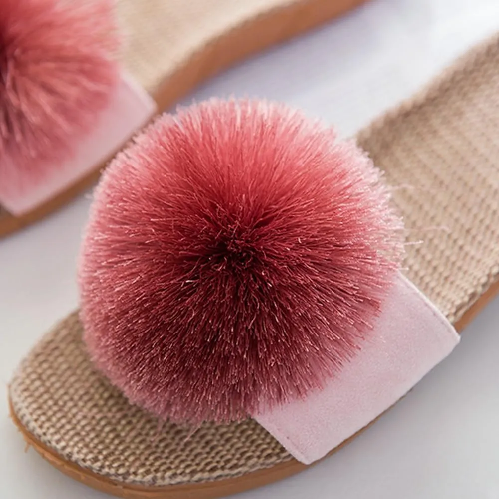 Women's Linen Non-slip Slides Slippers Fluffy Pompom Cozy Sandals Open Toe Indoor Outdoor Flat Slippers 2025