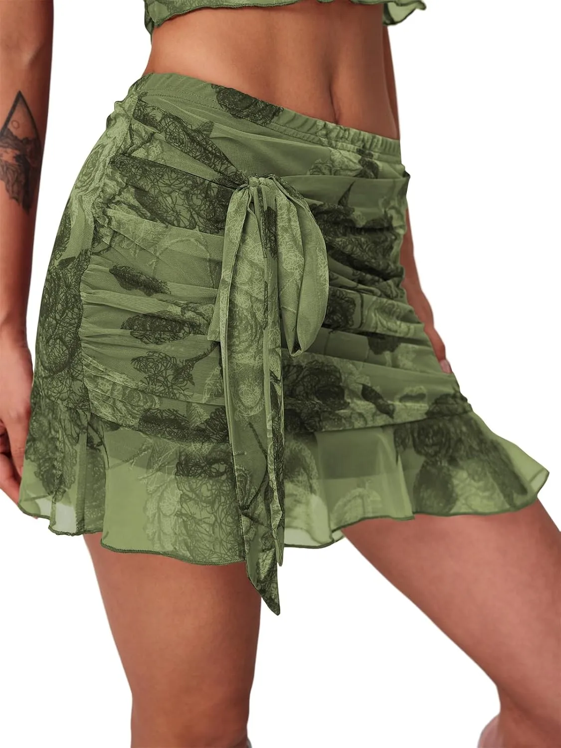 Women's Mesh Mini Skirt Tie High Waist Summer Floral Print Ruched Ruffle Short Skirts