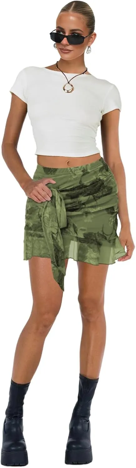 Women's Mesh Mini Skirt Tie High Waist Summer Floral Print Ruched Ruffle Short Skirts
