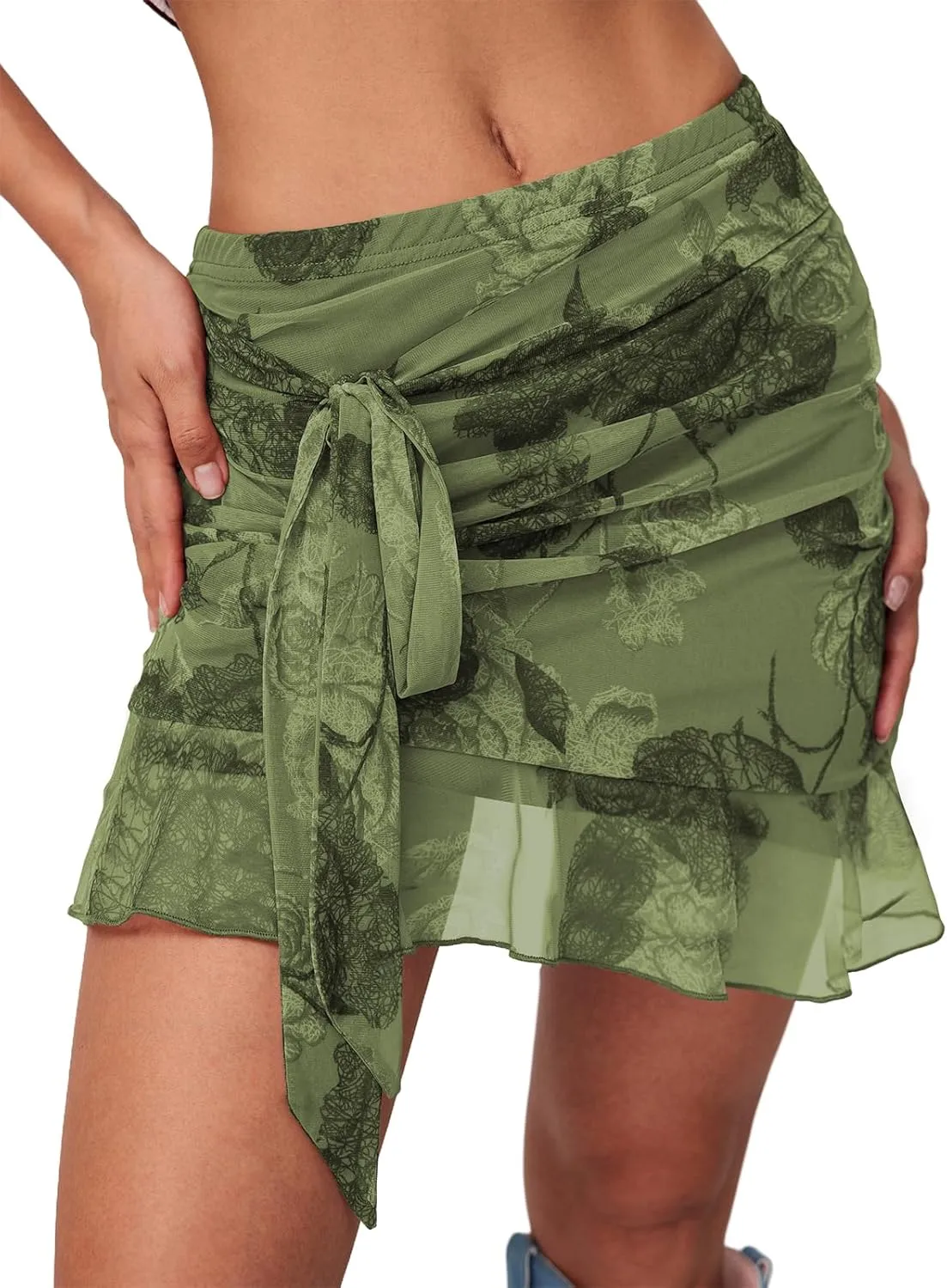 Women's Mesh Mini Skirt Tie High Waist Summer Floral Print Ruched Ruffle Short Skirts