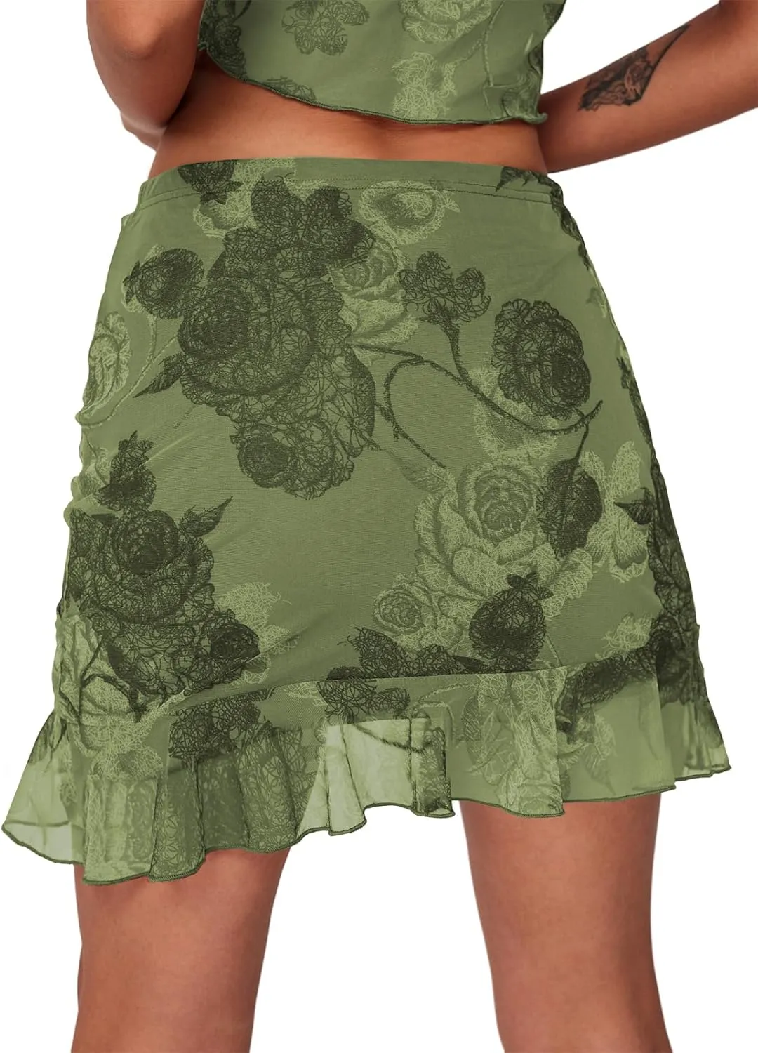 Women's Mesh Mini Skirt Tie High Waist Summer Floral Print Ruched Ruffle Short Skirts