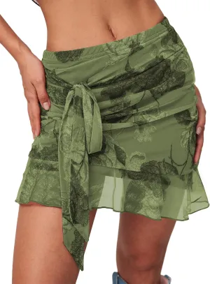 Women's Mesh Mini Skirt Tie High Waist Summer Floral Print Ruched Ruffle Short Skirts