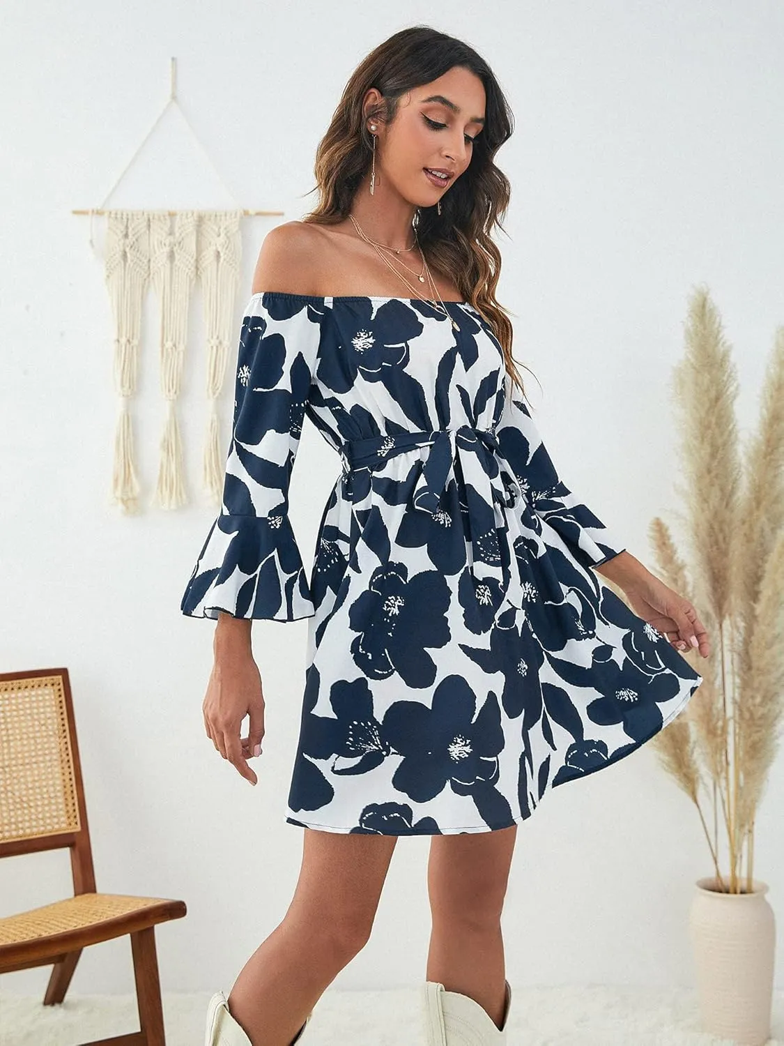 Womens Off Shoulder Ruffle Floral Summer Wedding Guest Dresses A Line Shift Short Skater Dress with Belt