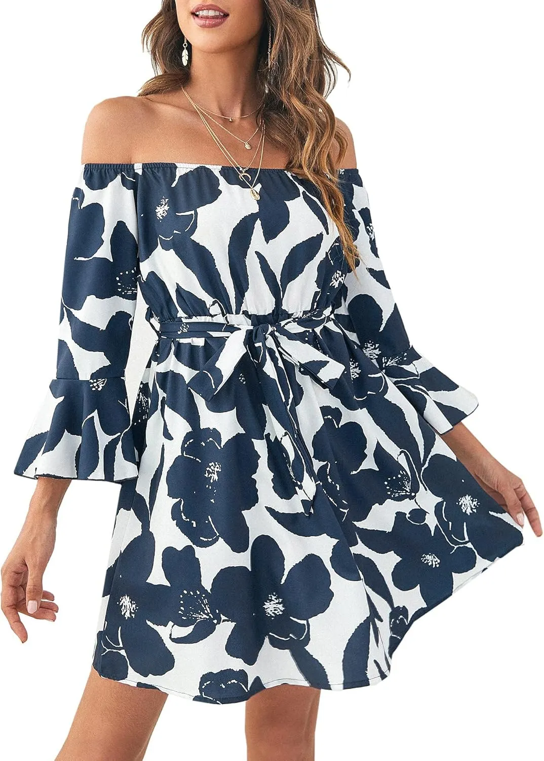 Womens Off Shoulder Ruffle Floral Summer Wedding Guest Dresses A Line Shift Short Skater Dress with Belt