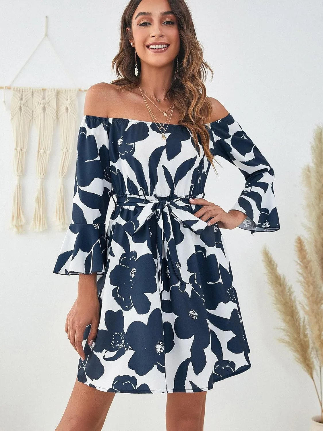 Womens Off Shoulder Ruffle Floral Summer Wedding Guest Dresses A Line Shift Short Skater Dress with Belt