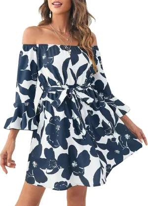 Womens Off Shoulder Ruffle Floral Summer Wedding Guest Dresses A Line Shift Short Skater Dress with Belt